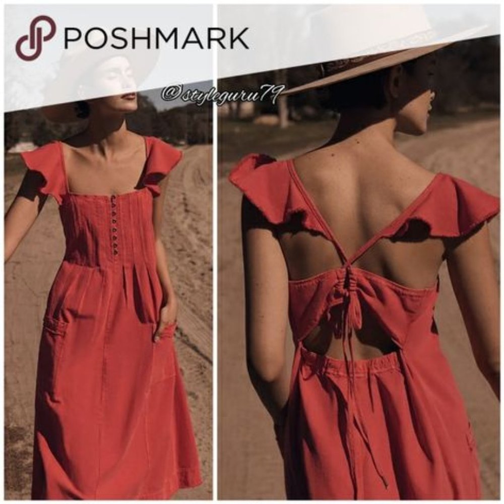 Rust Red Tie-Back Midi Dress with Flutter Sleeves